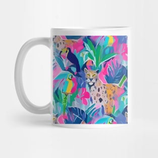 Cheetah, toucan and macaw parrot in colourful preppy jungle Mug